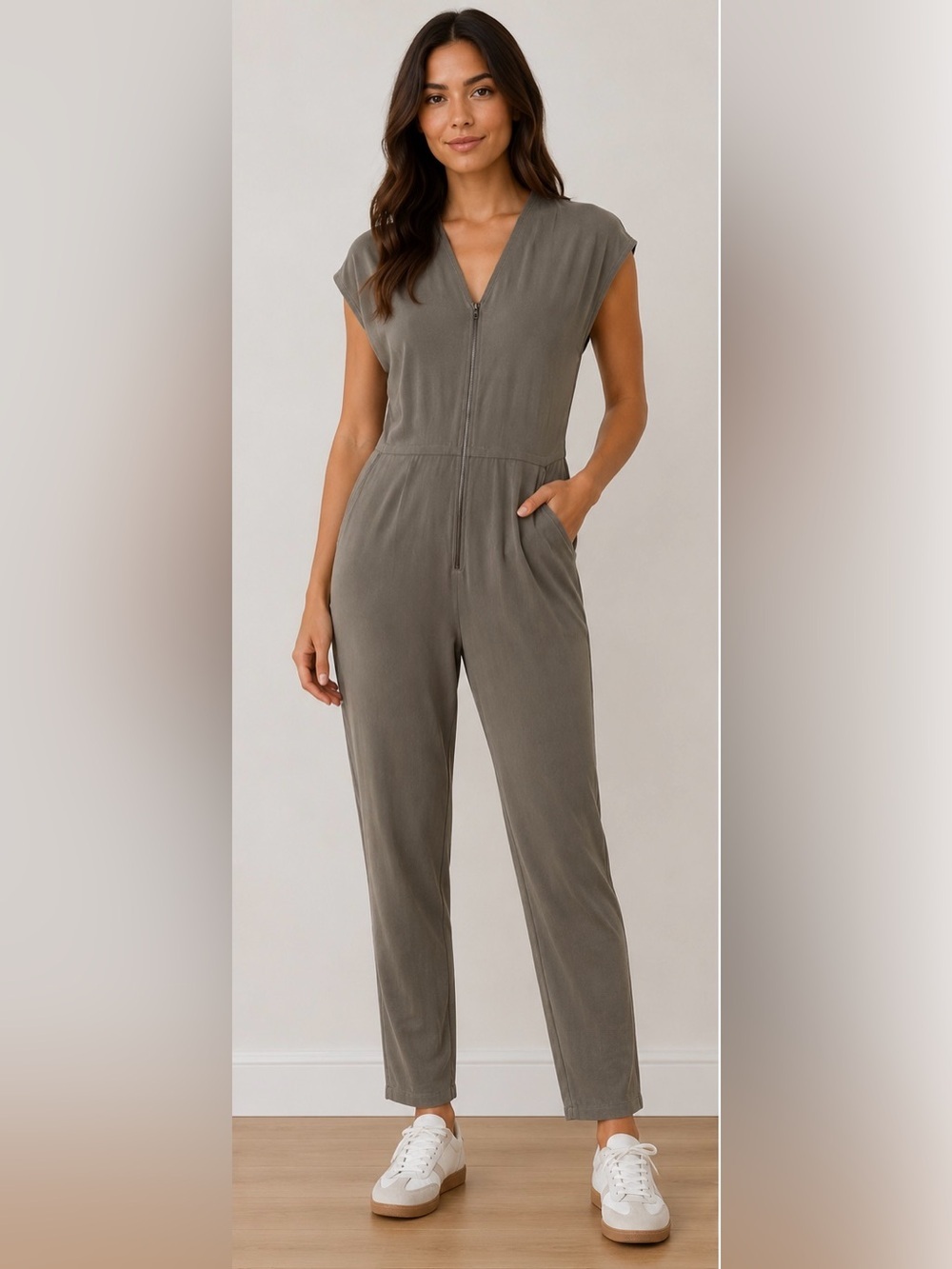 Bishop + Young Olive Taupe Zip Front Jumpsuit Size Small Anthropologie